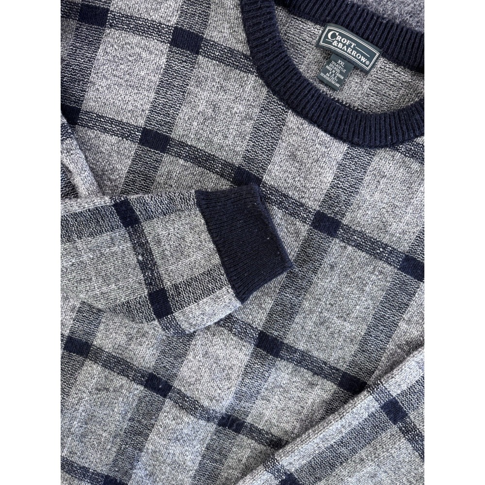 VTG Croft & Barrow Plaid Knit Sweater XXL Gray Black‎ Wool Blend Crewneck